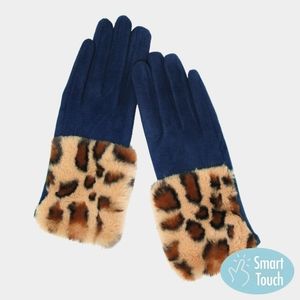 Navy Blue Suede Leopard Print Smart Touch Fur Gloves Statement Accessory Trendy